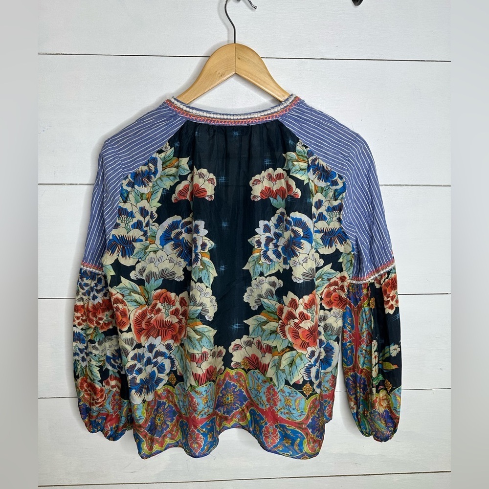 **SOLD**Johnny Was Workshop Boho Peasant Blouse XS Striped Floral Silk Contrast - Picture 7 of 8